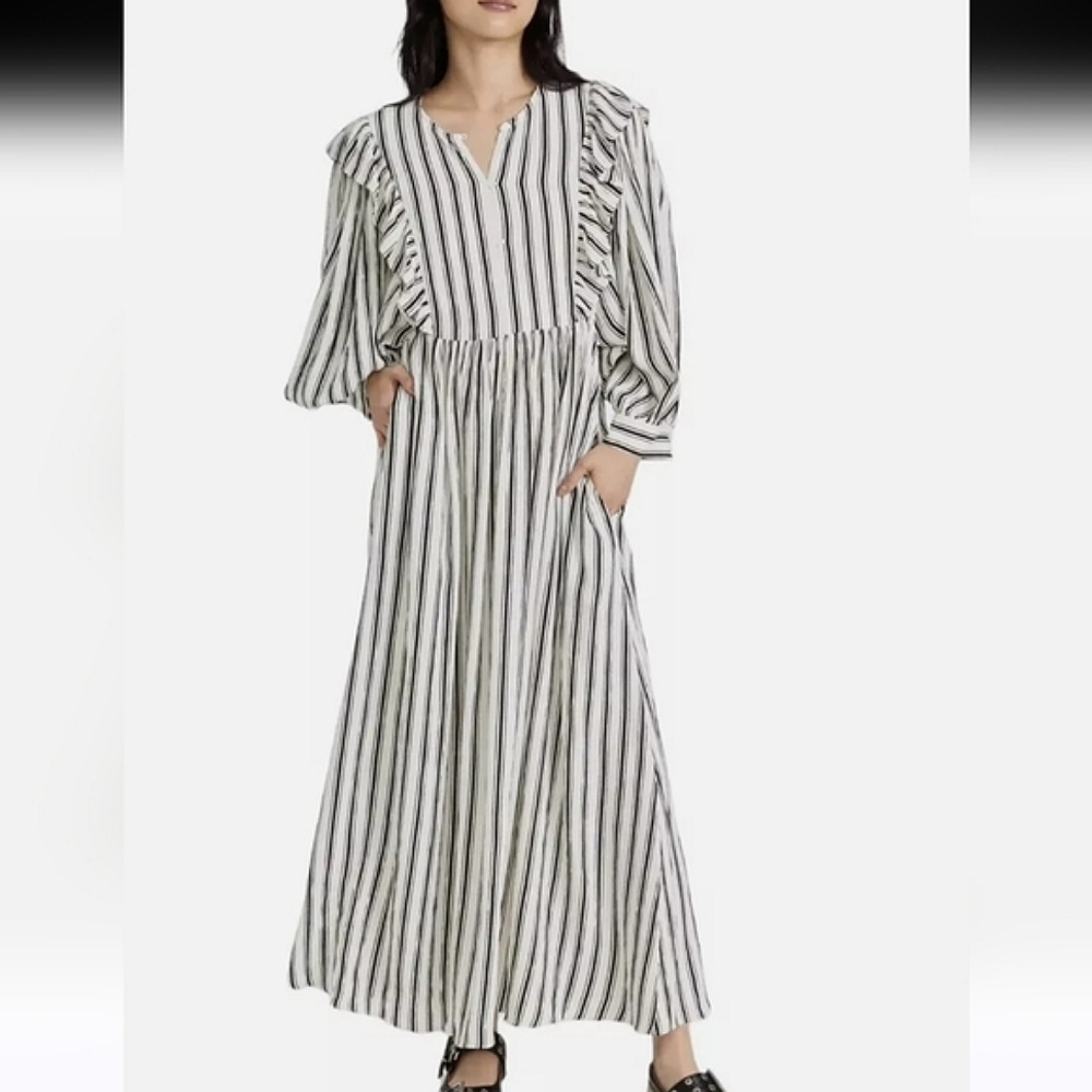 Baum und Pferdgarten Alona Striped Crepon Midi Dress Ruffled Peasant 38 MD 8